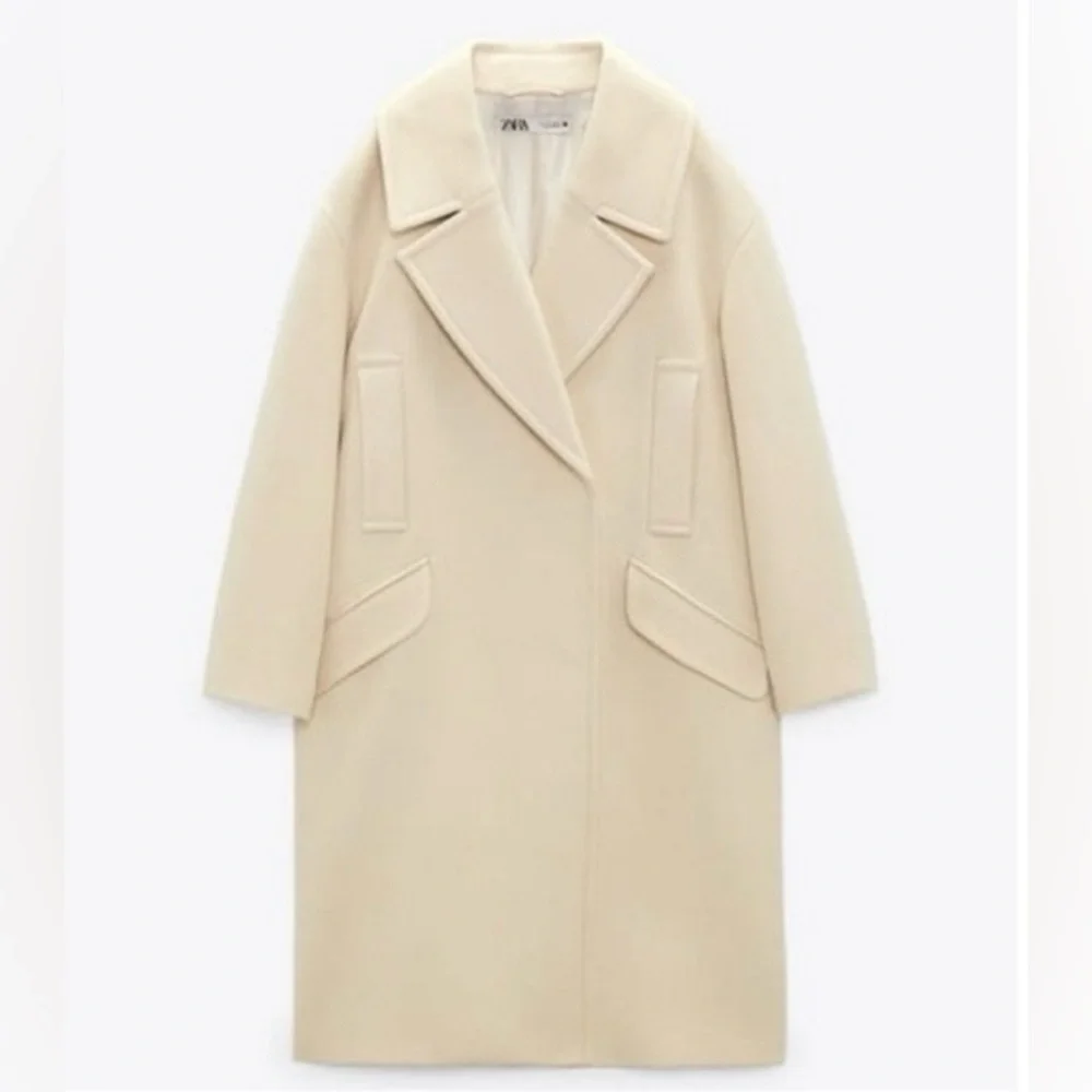 NWT Zara Oversized Double Breasted Pockets Vanilla Cream Long Jacket Sz XL